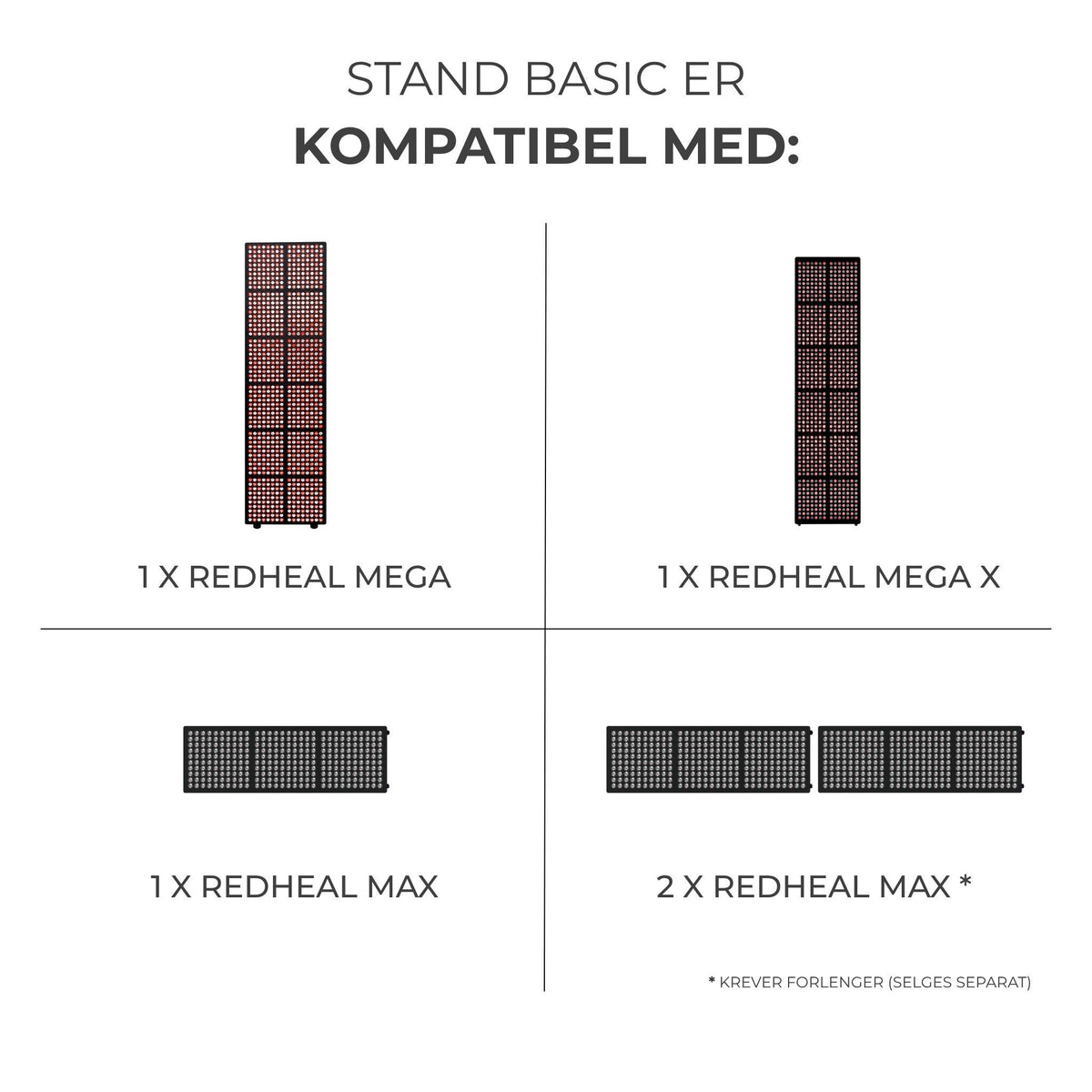 Stand Basic kompatibilitet: 1 RedHeal Mega, 1 Mega X, 1 Max eller 2 Max. To Max krever forlenger som selges separat.